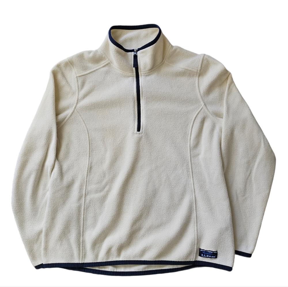 LL Bean Women Small Pullover 1/4 Zip Fleece Top Cream White Blue Base Layer